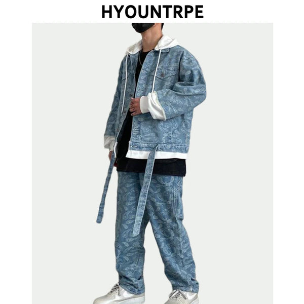 2 pieces sets men fashion patchwork single breast denim jeans hooded jacket coat and loose straight pants joggers streetwear set sporty tapered joggers
