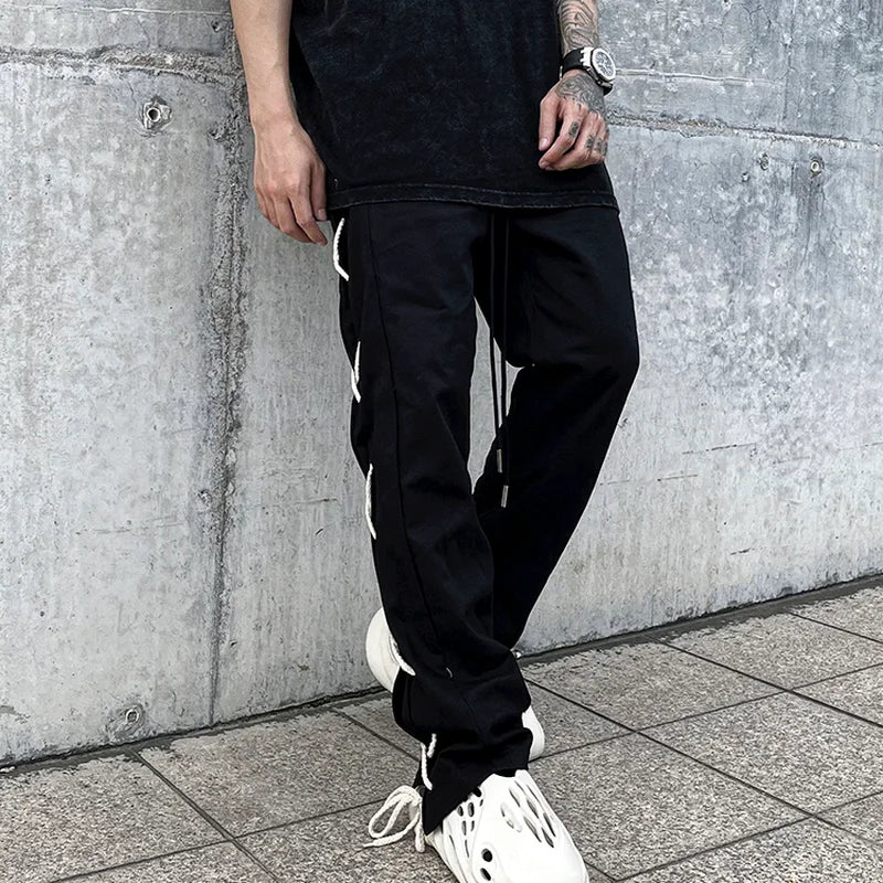 hip hop loose fit elastic waist pants fashion side reflective cross lines pants mens casual streetwear sportwear pants joggers urban active pants