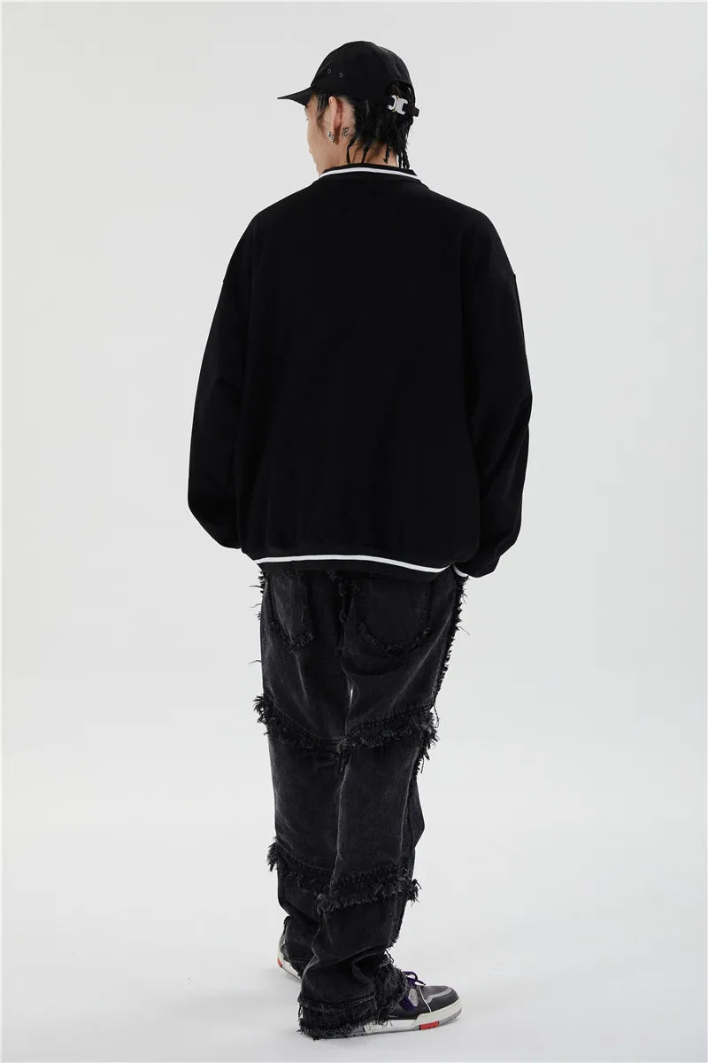 Mens Letter Embroidery Tshirt Tops Men V Neck Long Sleeve Loose Tees Hip Hop Solid Color Oversize Skateboard Streetwear Pullover