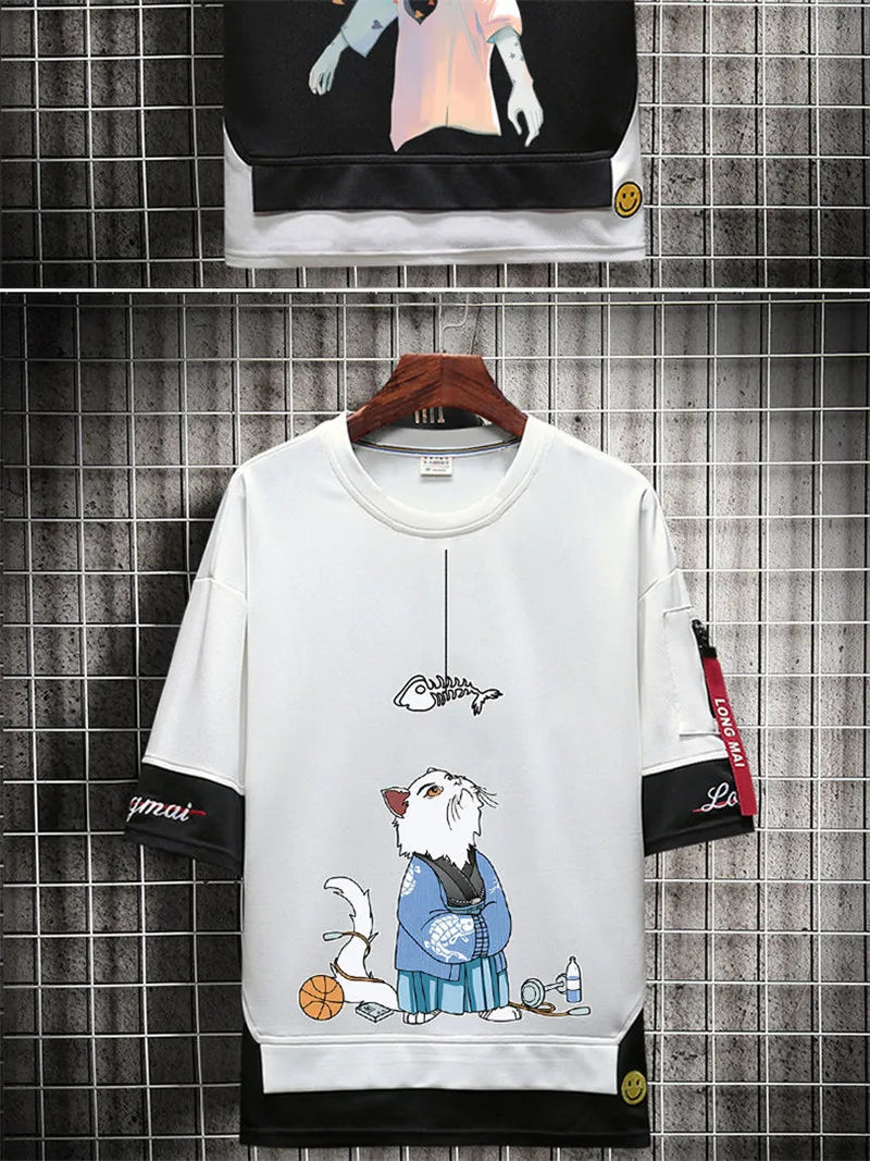 Anime Streetwear top – Hip Hop Kahaki T Shirt Short Sleeve Kawaii Harajuku Cat T Sh