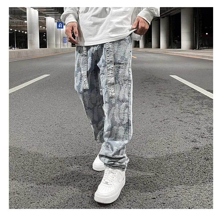 high street feathers embroidery denim pants mens zipper straight jeans trouser with belt hip hop streetwear loose joggers pants unique joggers style 3595