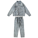2 pieces sets mens fashion striped single breasted denim jeans jacket coat and zipper straight pants joggers new streetwear sets unique joggers style 3917