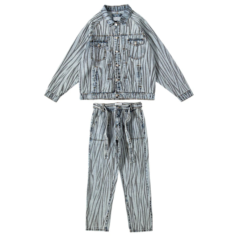 2 pieces sets mens fashion striped single breasted denim jeans jacket coat and zipper straight pants joggers new streetwear sets unique joggers style 3917