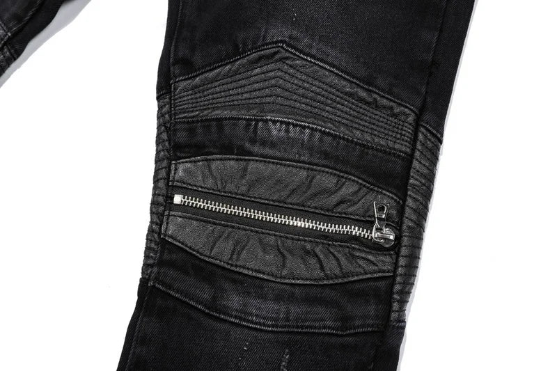 knee zipper hole patckwork skinny denim jeans men casual slim biker trousers jeans fashion streetwear hip hop jean pants joggers unique joggers style 1050