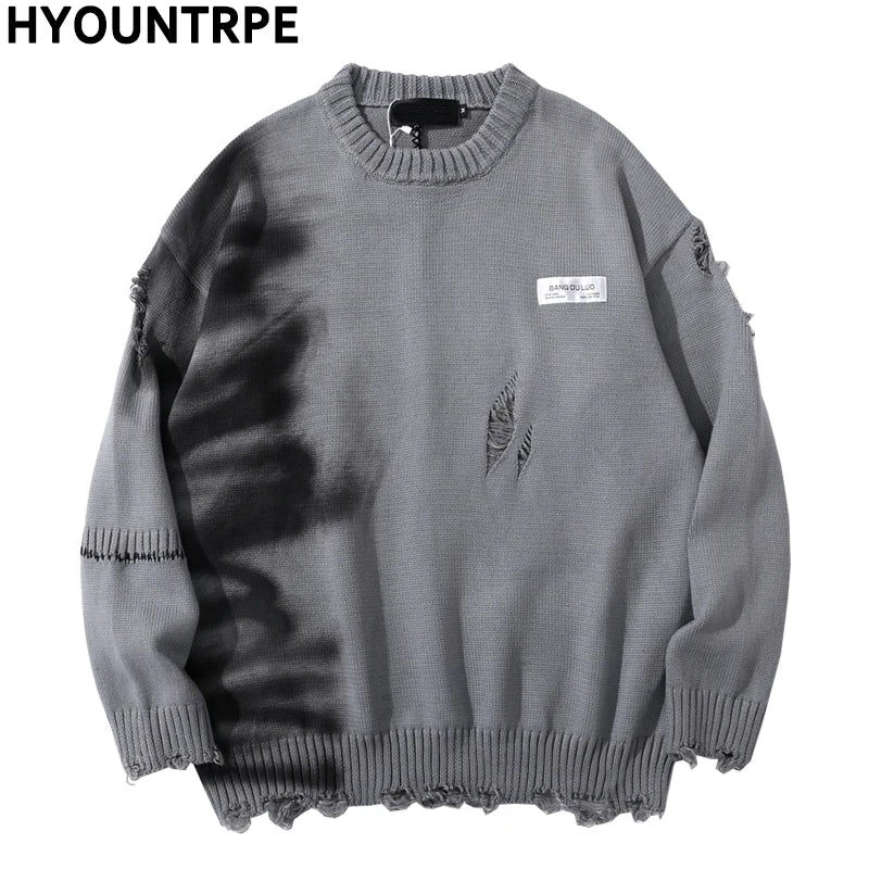 mens hip hop destroy ripped holes streetwear graffiti harajuku sweater vintage retro knitted sweater new casual cotton pullover trendy hip hop style outerwear, urban wear with bold artwork, Y2K vintage urban hoodie