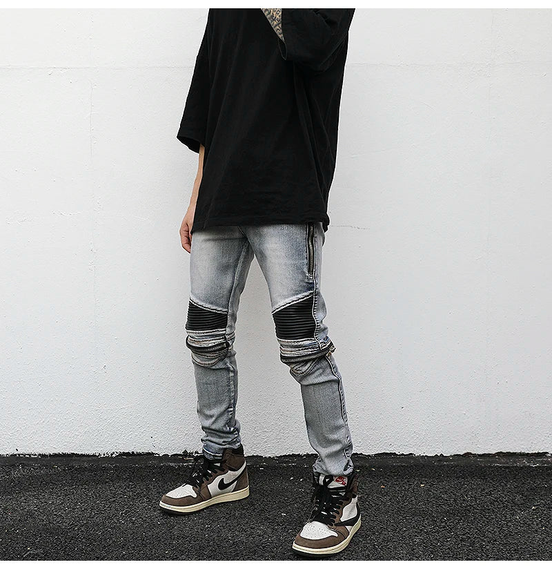 high street pu leather zippers patchwork biker jeans mens stretch denim slim jean pants motorcycle slim trousers hip hop pants unique jeans style 2315