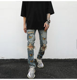 high street butterfly embroidery knee ripped hole jeans mens casual hip hop distressed jeans slim fit skinny denim pants joggers unique joggers style 1881