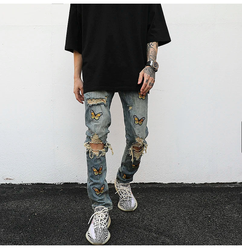 high street butterfly embroidery knee ripped hole jeans mens casual hip hop distressed jeans slim fit skinny denim pants joggers unique joggers style 1881
