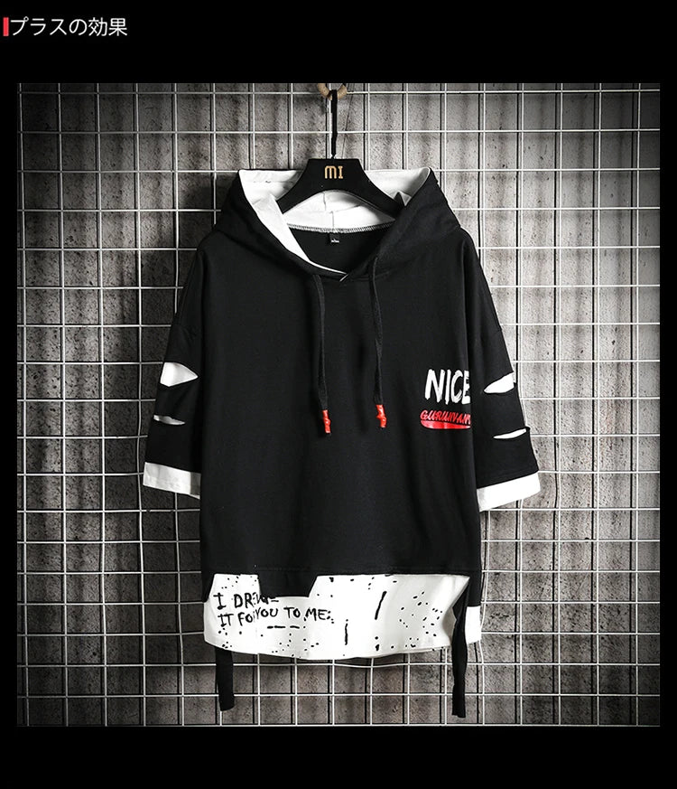 Men Fashion Ribben Hoodie Summer Short Sleeve Hoodies Mens Hoodies
