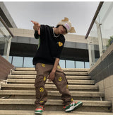mens high street smilely loose cargo pants casual zipper straight jeans hip hop side pockets loose fit streetwear casual joggers unique joggers style 3478