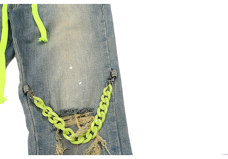 high street knee hole with chain ripped biker jeans mens slim fit denim pants autumn new streetwear casual hip hop pants joggers unique joggers style 4274