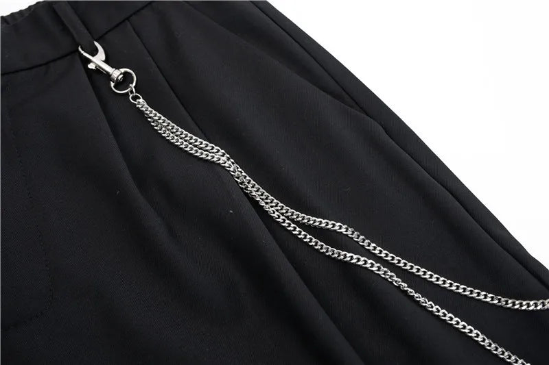 mens shorts summer casual black zipper elastic waist straight short pants with chain new hip hop streetwear loose shorts joggers unique joggers style 2356