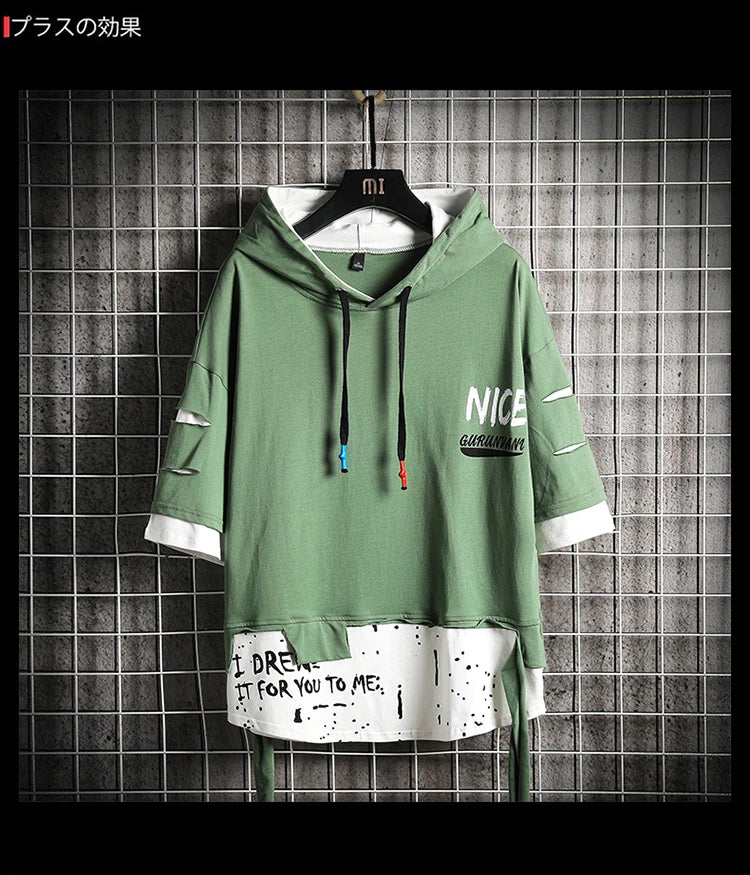 Men Fashion Ribben Hoodie Summer Short Sleeve Hoodies Mens Hoodies