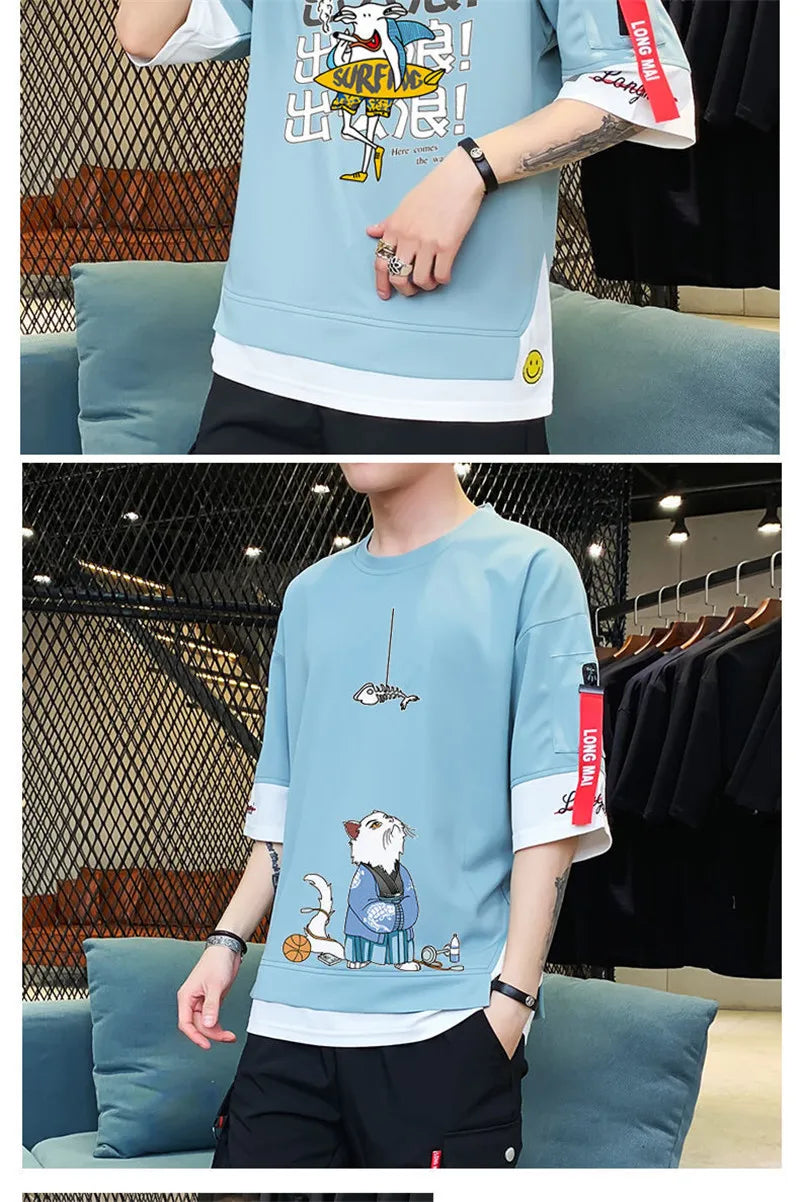 Anime Streetwear top – Hip Hop Kahaki T Shirt Short Sleeve Kawaii Harajuku Cat T Sh