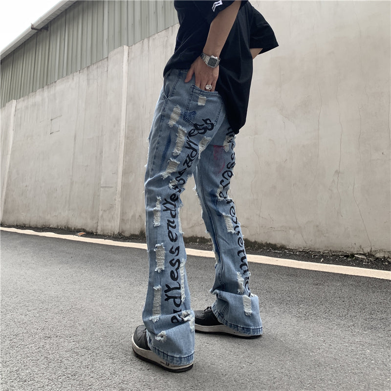 fashion back letters printed denim flare jeans mens zipper straight trouser hip hop destroy holes streetwear jean pants joggers unique joggers style 182