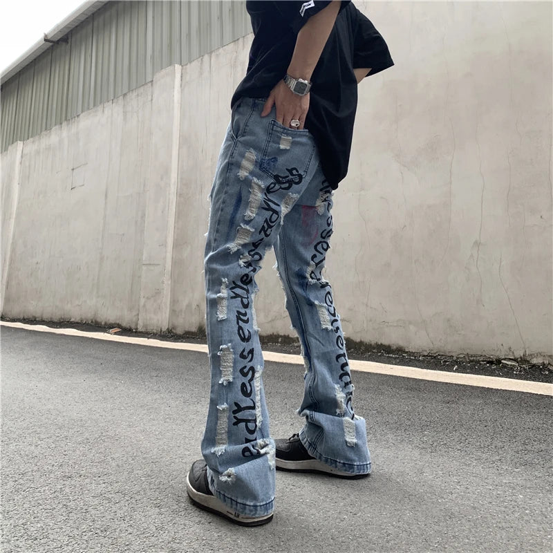 fashion back letters printed denim flare jeans mens zipper straight trouser hip hop destroy holes streetwear jean pants joggers casual joggers