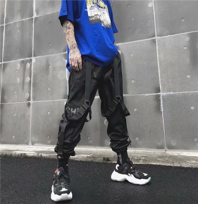 men hip hop black cargo pants joggers sweatpants overalls men ribbons streetwear harem pants women fashions trousers unique joggers style 2716