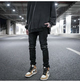 knee zipper hole patckwork skinny denim jeans men casual slim biker trousers jeans fashion streetwear hip hop jean pants joggers unique joggers style 1033