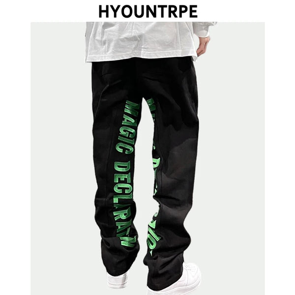 men jeans hip hop letters embroidery denim jeans high street casual loose straight elastic waist joggers hip hop streetwear pant casual joggers