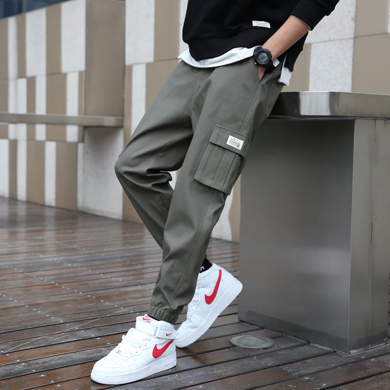 cargo pants men streetwear hip hop pants elastic waist harem ankle length trousers black army green harajuku loose casual pocket multi-pocket cargos