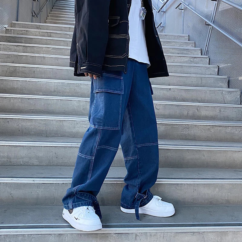 men jeans wide leg denim pants loose straight baggy mens jeans hip hop streetwear skateboard neutral denim trousers cargo jeans military streetwear pants