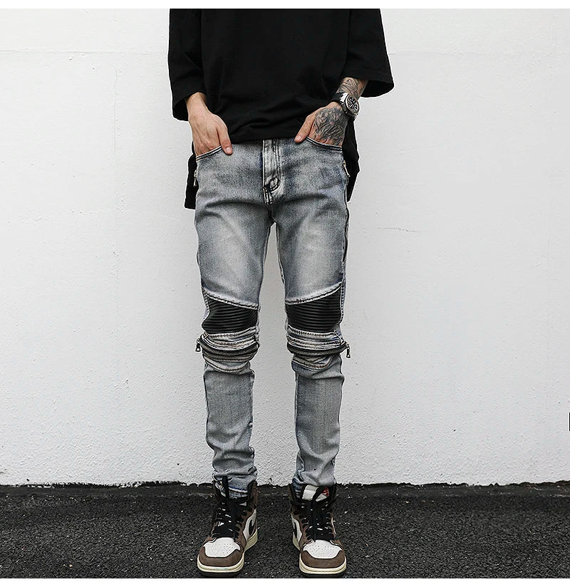 high street pu leather zippers patchwork biker jeans mens stretch denim slim jean pants motorcycle slim trousers hip hop pants unique jeans style 2309