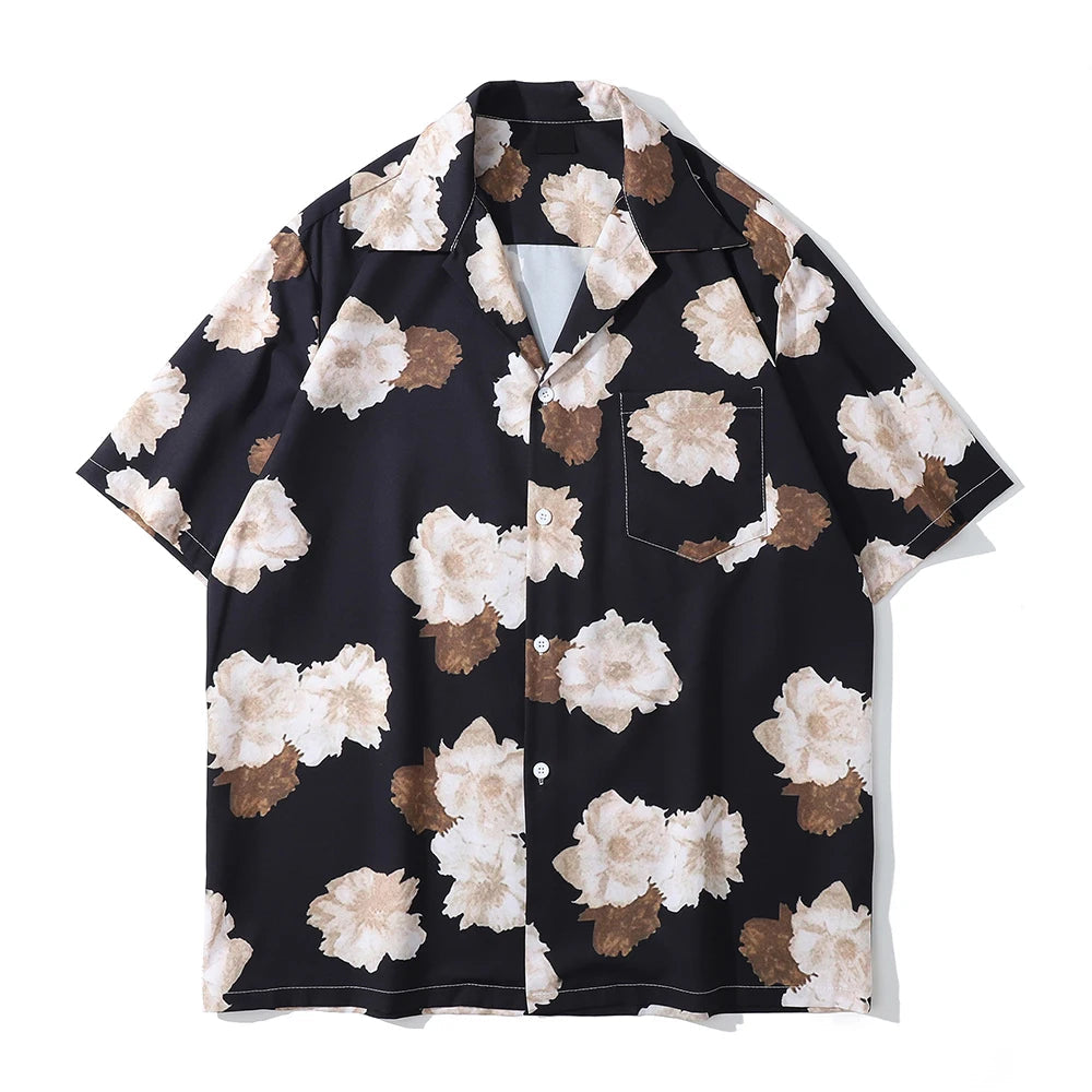 Dark Icon Floral Hawaiian Shirt Men Tur-down Collar Men's Polo Shirt Black White