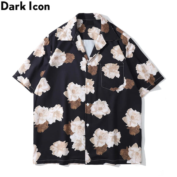 Dark Icon Floral Hawaiian Shirt Men Tur-down Collar Men's Polo Shirt Black White