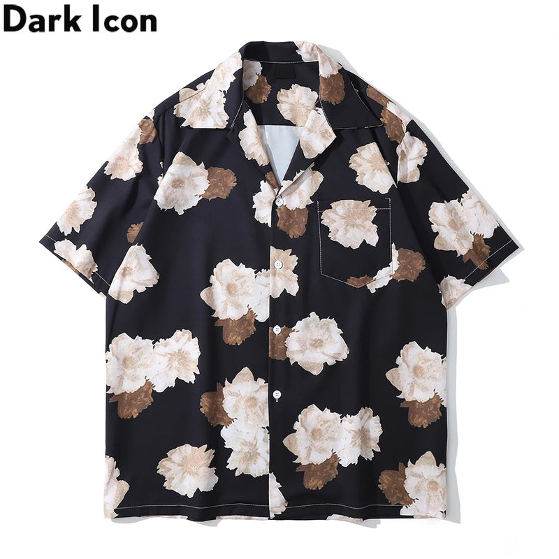 Dark Icon Floral Hawaiian Shirt Men Tur-down Collar Men's Polo Shirt Black White