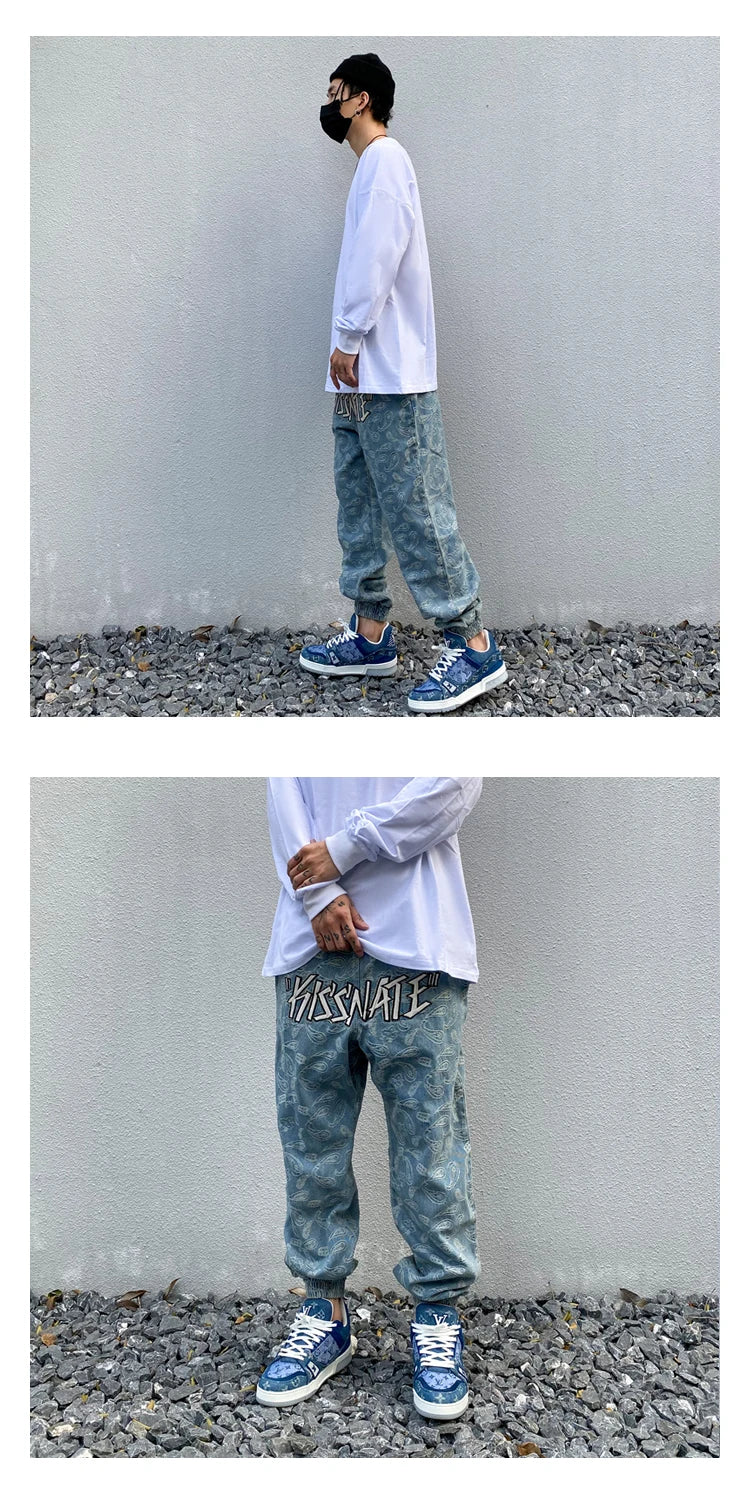 hip hop loose fit elastic waist pants fashion embroidery denim ankle pants mens new casual drewstring sportwear pants joggers unique joggers style 2190