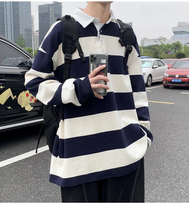 Autumn Lapel Hoodie Mens Fashion Hit Color Casual Striped Hoodies Mens