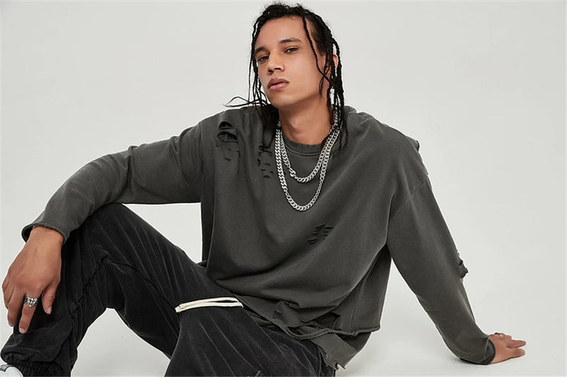 Hip Hop Streetwear Vintage Sweatshirt 2021 Autumn Creative Distressed Destroyed Ripped Holes Pullover Cotton Tops Loose WE301