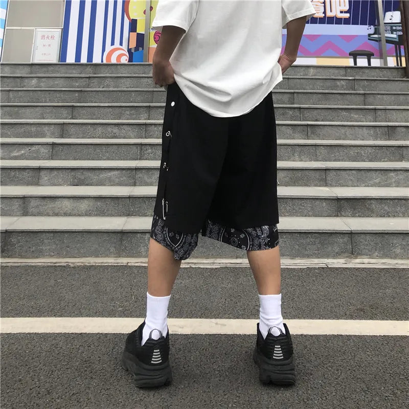 Mens Shorts Hip Hop Stitching Sweat Shorts with Pin Unisex Elastic Waist Loose Straight Streetwear Sports Shorts Casual Shorts