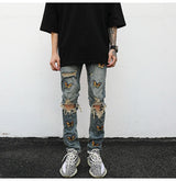 high street butterfly embroidery knee ripped hole jeans mens casual hip hop distressed jeans slim fit skinny denim pants joggers unique joggers style 1879