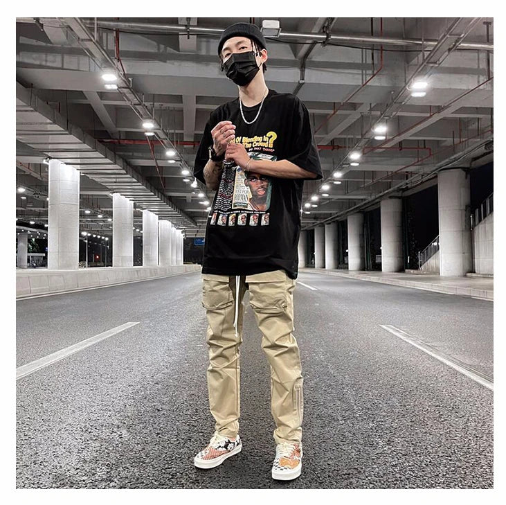 mens high street loose fit elastic waist pants bottom zipper patchwork cargo pants hip hop drawstring sportwear pants joggers unique joggers style 5417