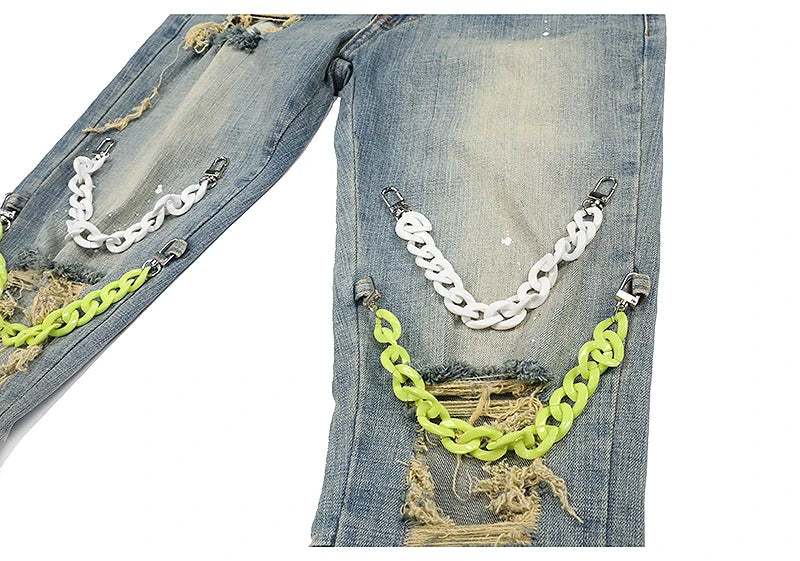 high street knee hole with chain ripped biker jeans mens slim fit denim pants autumn new streetwear casual hip hop pants joggers unique joggers style 4273