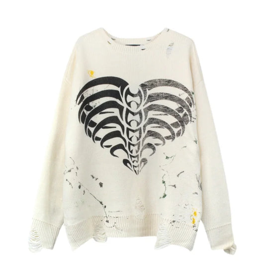 mens hip hop streetwear skull graffiti harajuku sweaters casual knitted sweater ripped holes cotton pullover men jumper sweater - vintage look oversized hoodie, Y2K grunge street style, 2025 streetwear drop