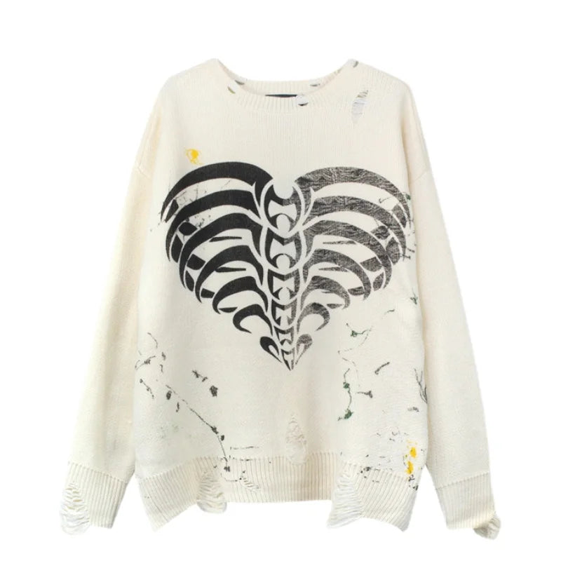 mens hip hop streetwear skull graffiti harajuku sweaters casual knitted sweater ripped holes cotton pullover men jumper sweater - vintage look oversized hoodie, Y2K grunge street style, 2025 streetwear drop