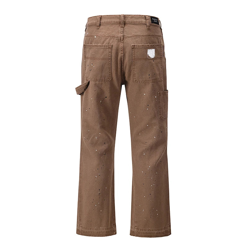 2023 streetwear graffiti cargo flared jeans khaki black splash ink wide leg denim pant hip hop cargo trousers jean men unique cargo style 5166