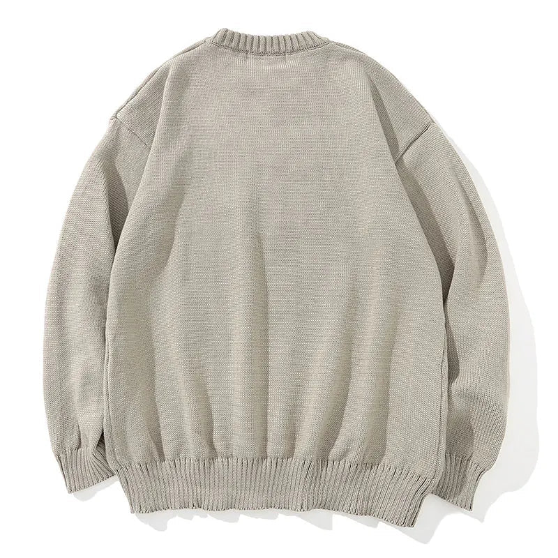 varsity flame pullover for men with bold graphic knit design, perfect for 2025 fashion, street fashion menswear trend for sea