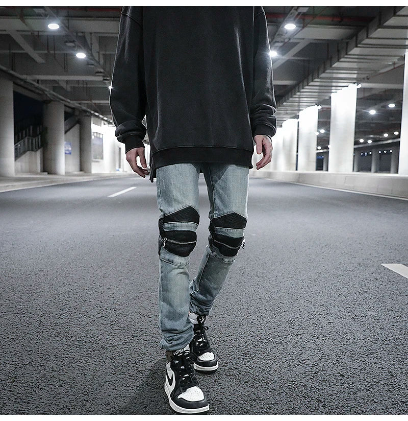 knee zipper hole patckwork skinny denim jeans men casual slim biker trousers jeans fashion streetwear hip hop jean pants joggers unique joggers style 1026