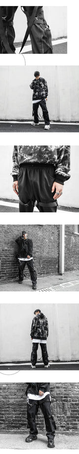 back zipper loose elastic waist cargo pants autumn new streetwear drawstring pants trousers men harajuku twine belts casual pant unique cargo style 4327