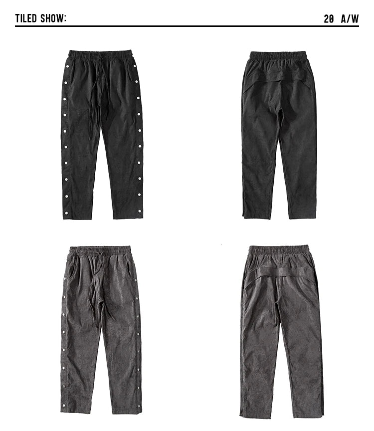 mens side buttons patchwork harajuku straight pants casual elastic waist fake suede trousers hip hop streetwear casual joggers unique joggers style 3908