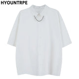 Men Fashion Punk Shirt  Hip Hop Black Harajuku Shirts with Chain Streetwear Summer Loose Short Sleeve Casual Tops Mens Shirts