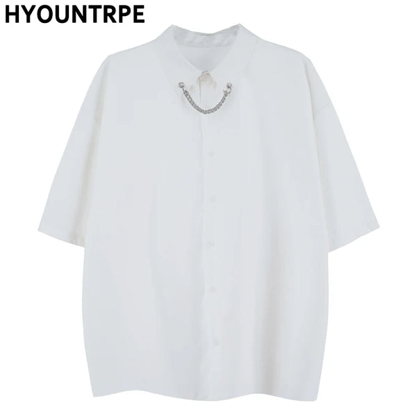 Men Fashion Punk Shirt  Hip Hop Black Harajuku Shirts with Chain Streetwear Summer Loose Short Sleeve Casual Tops Mens Shirts