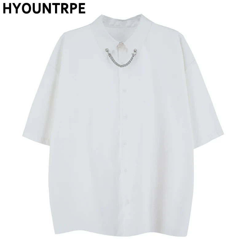 Men Fashion Punk Shirt  Hip Hop Black Harajuku Shirts with Chain Streetwear Summer Loose Short Sleeve Casual Tops Mens Shirts