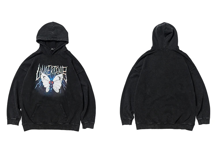 2023 Men Hip Hop Hoodie Sweatshirt Lightning Butterfly Streetwear Hoodie Retro Vintage Washed Black Hooded Pullover Harajuku