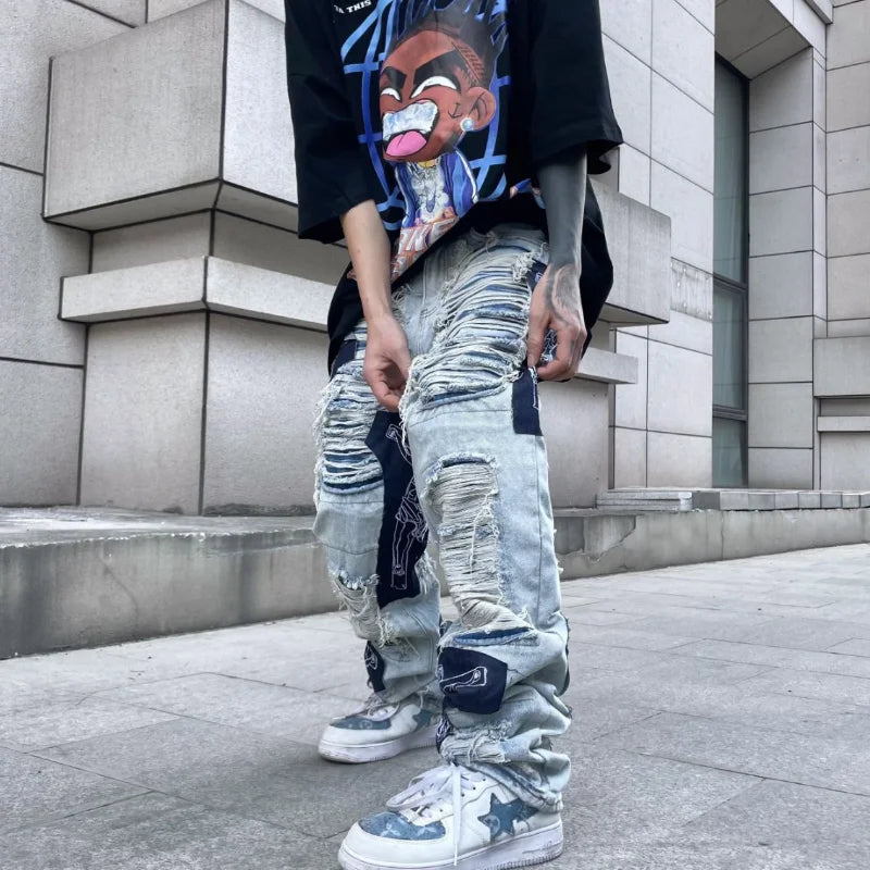 men high street denim jean pants casual loose destroyed ripped holes straight jeans fashion patchwork hip hop streetwear joggers unique joggers style 4512