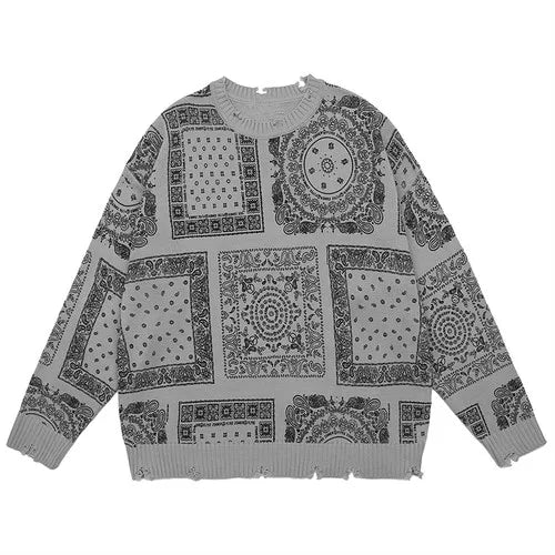 hip hop paisley printed ripped knitted holes sweater mens autumn winter long sleeve pullover streetwear loose sweaters clothing oversized graphic print design, Y2K vintage urban hoodie, high quality cotton pullover