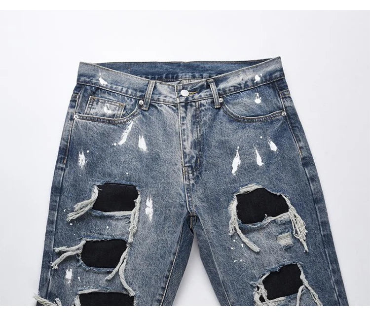 men ripped holes denim jean pants hip hip new fashion straight patchwork pants new casual jeans streetwear mens trousers joggers unique joggers style 1408